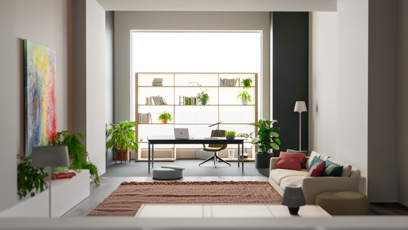 Et lyst og moderne hjemmekontor indrettet i skandinavisk stil med et hæve-sænkebord i lys eg og en ergonomisk kontorstol. Store vinduer sikrer et godt dagslys, som er essentielt for en produktiv arbejdsdag.