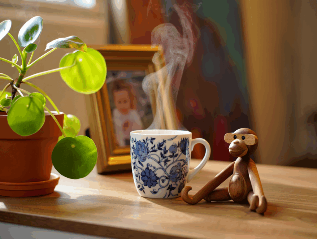 Personlige detaljer som en grøn plante, en kop kaffe og en Kay Bojesen træfigur gør hjemmekontoret hyggeligt og til et sted, man har lyst til at opholde sig.